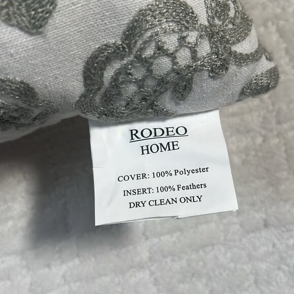 Rodeo Home feather down accent pillow white and gray embroidered square 18x18 - Picture 2 of 8